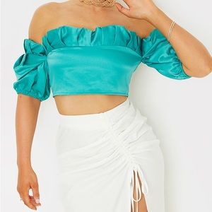 Teal Satin Frill Top Edge Puff Sleeve Crop Top (PrettyLittleThing) - US2 / UK 6